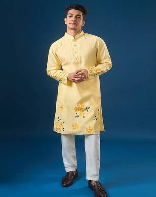 Yellow printed cotton silk kurta set 1