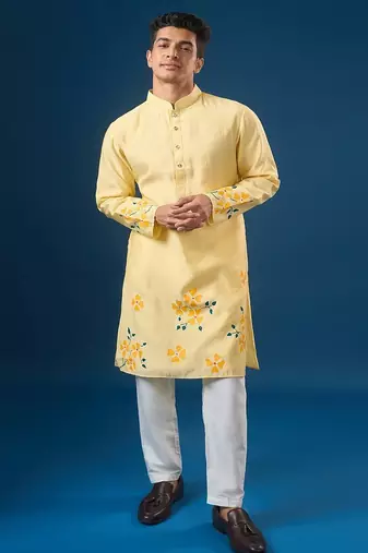 Yellow printed cotton silk kurta set