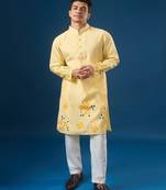Yellow printed cotton silk kurta set