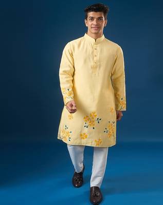 Yellow printed cotton silk kurta set 2