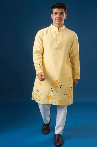 Yellow printed cotton silk kurta set