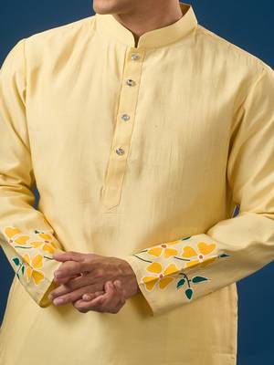 Yellow printed cotton silk kurta set 3
