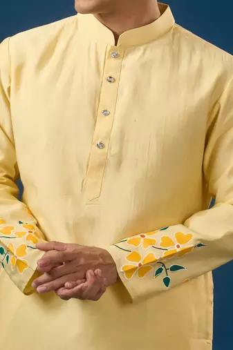 Yellow printed cotton silk kurta set