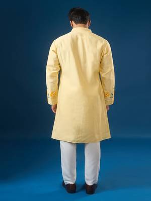Yellow printed cotton silk kurta set 5