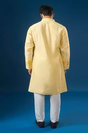 Yellow printed cotton silk kurta set