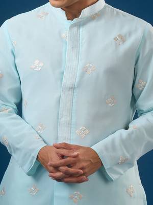 Blue embroidered georgette kurta set 4
