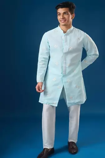 Blue embroidered georgette kurta set