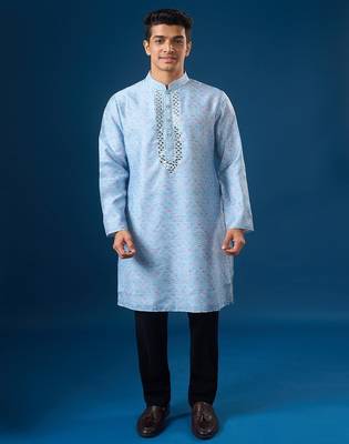 Blue embroidered cotton silk kurta set 1
