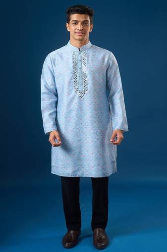 Blue embroidered cotton silk kurta set