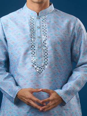 Blue embroidered cotton silk kurta set 3