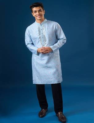 Blue embroidered cotton silk kurta set 5