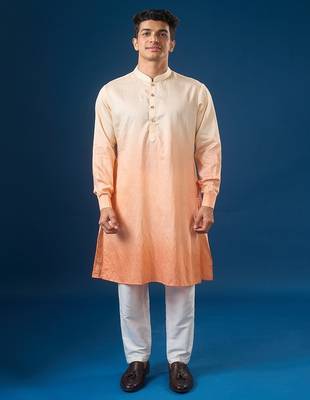 Peach printed cotton silk nehru jacket set 1