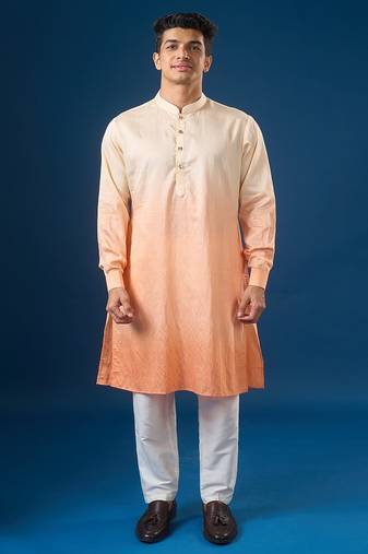 Peach printed cotton silk nehru jacket set