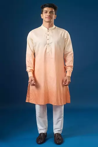 Peach printed cotton silk nehru jacket set