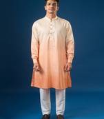 Peach printed cotton silk nehru jacket set