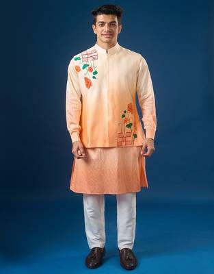 Peach printed cotton silk nehru jacket set 2