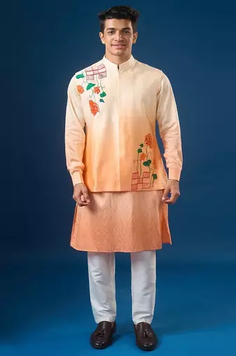 Peach printed cotton silk nehru jacket set