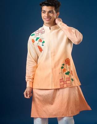 Peach printed cotton silk nehru jacket set 3
