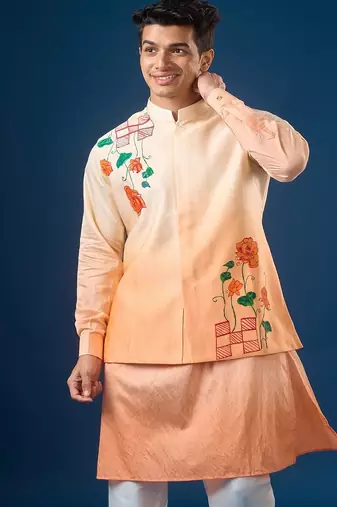 Peach printed cotton silk nehru jacket set
