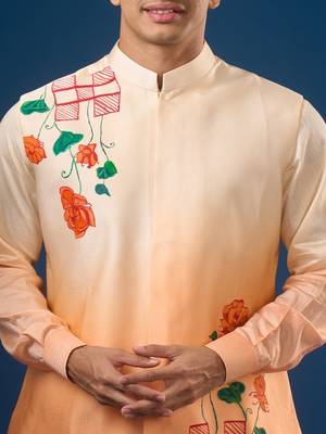 Peach printed cotton silk nehru jacket set 4
