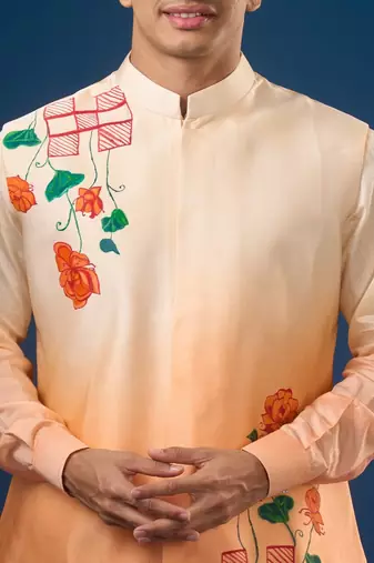 Peach printed cotton silk nehru jacket set