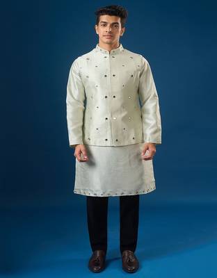 Green embroidered silk nehru jacket set 1