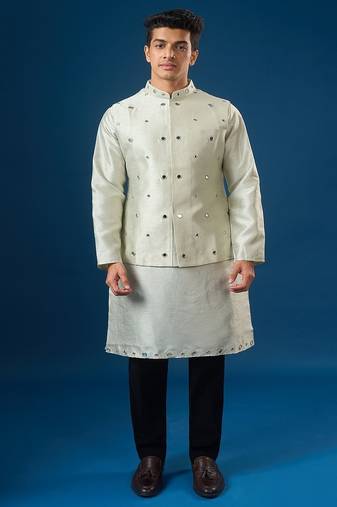 Green embroidered silk nehru jacket set