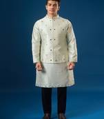 Green embroidered silk nehru jacket set