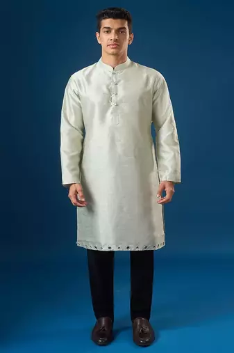 Green embroidered silk nehru jacket set