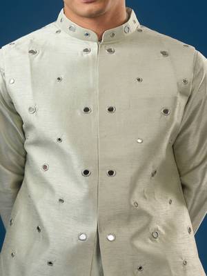 Green embroidered silk nehru jacket set 4