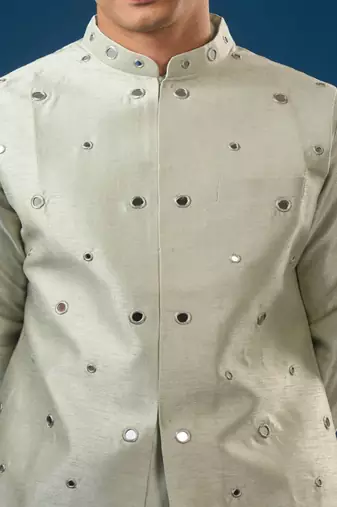 Green embroidered silk nehru jacket set