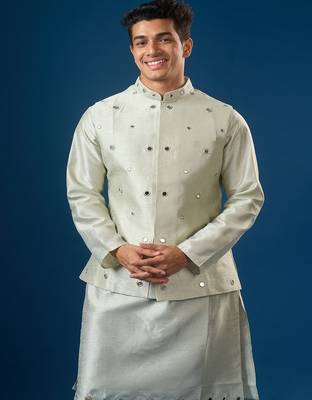 Green embroidered silk nehru jacket set 5
