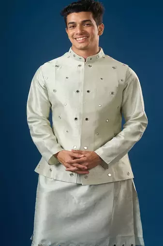 Green embroidered silk nehru jacket set