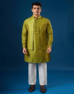Green embroidered brocade silk jacket set 1