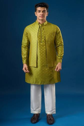 Green embroidered brocade silk jacket set