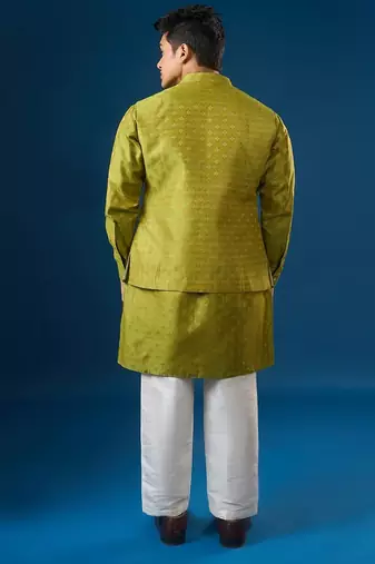 Green embroidered brocade silk jacket set