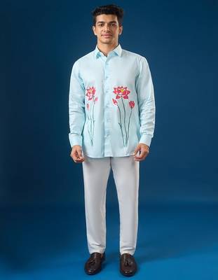 Blue printed crepe shirt 1
