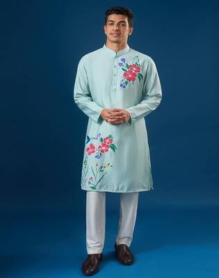 Blue printed cotton silk kurta set 1