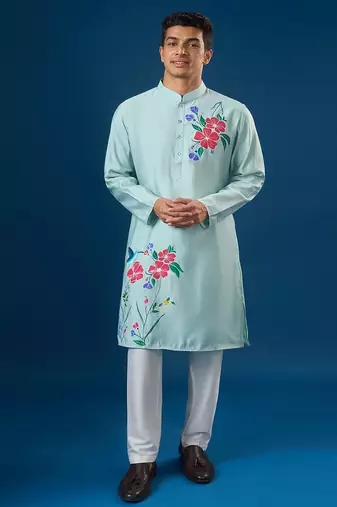Blue printed cotton silk kurta set