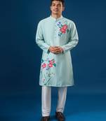 Blue printed cotton silk kurta set