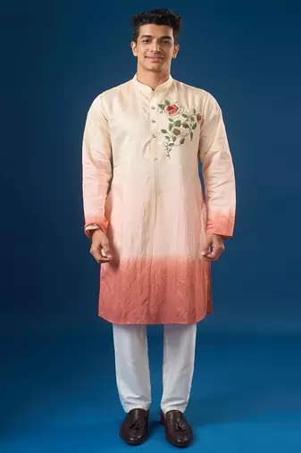 Pink embroidered cotton silk kurta set
