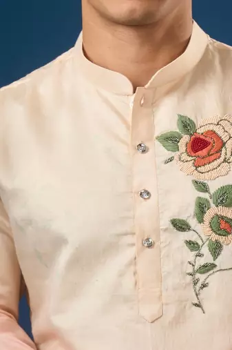 Pink embroidered cotton silk kurta set