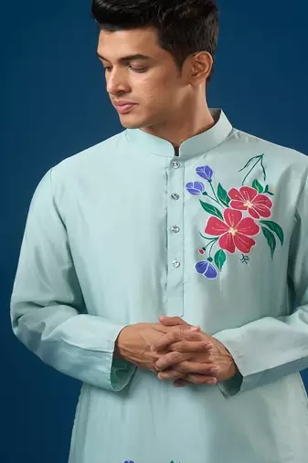Blue printed cotton silk kurta set