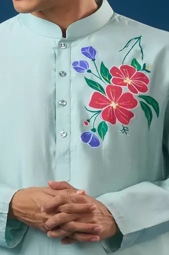 Blue printed cotton silk kurta set