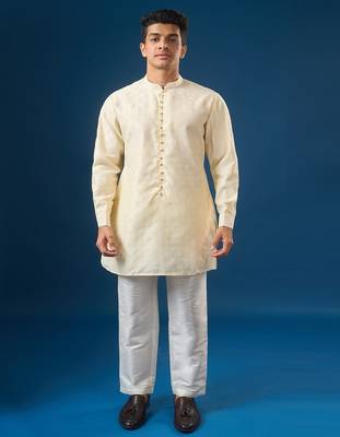 Cream embroidered cotton silk nehru jacket set 1