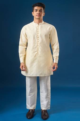 Cream embroidered cotton silk nehru jacket set