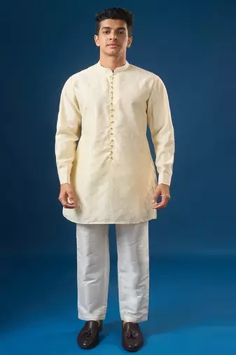 Cream embroidered cotton silk nehru jacket set