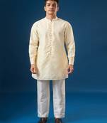 Cream embroidered cotton silk nehru jacket set