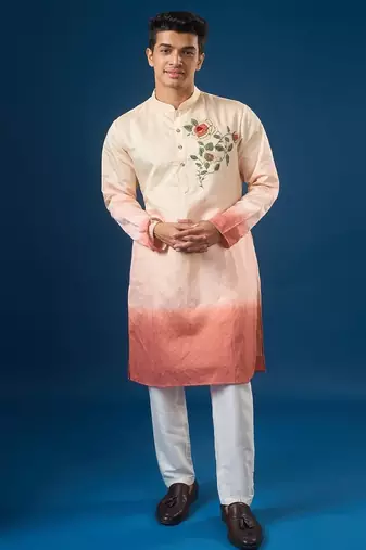 Pink embroidered cotton silk kurta set
