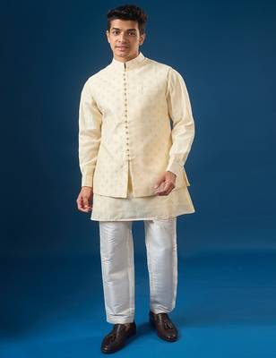 Cream embroidered cotton silk nehru jacket set 2